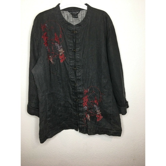 Citron Charcoal Blouse with Red Embroidery - Picture 1 of 5